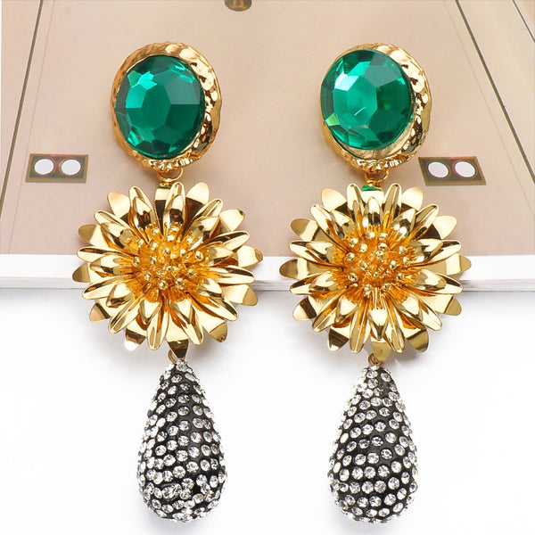 New Colorful Flower Metal Rhinestone Long Dangle Drop Earrings