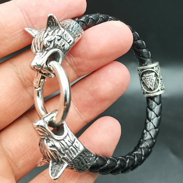 rune bead Wolf Head leather Bracelet Stainless Steel viking Bracelet