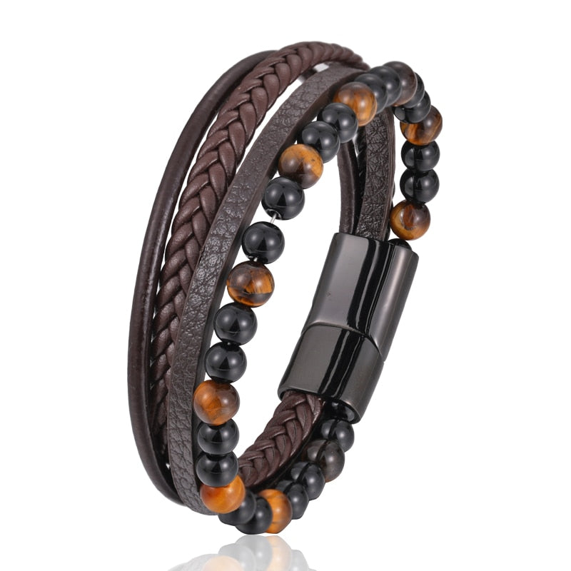 Bead Leather Tiger Eye Bracelet Men