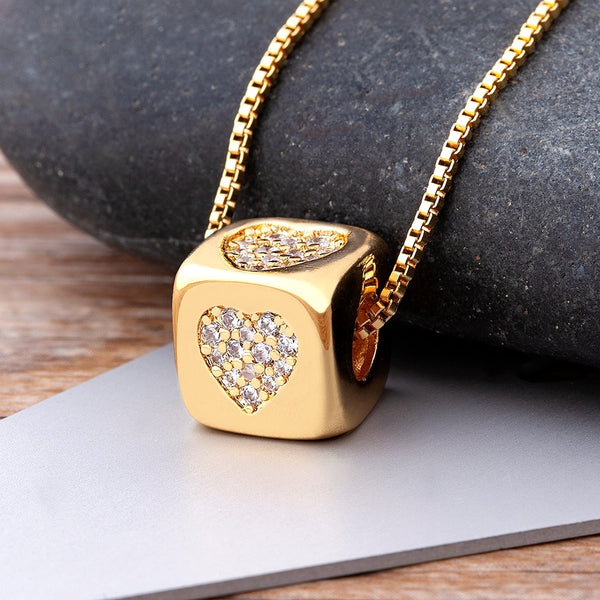 Luxury Cute Cube Heart Necklace Copper Zircon Gold Color Chain Necklace For Women