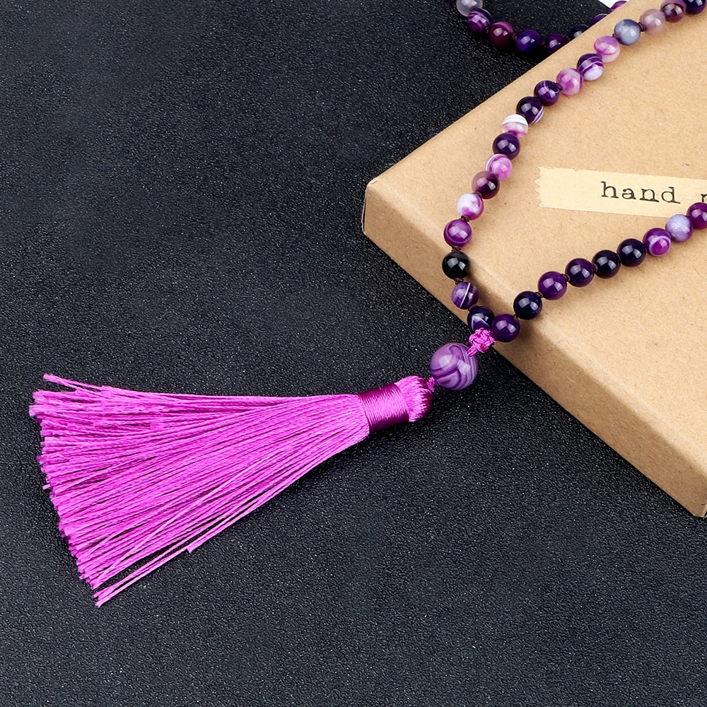 Women Mala Bohemian Tassel Necklace 108 Beads Natural Stone Purple Stripe Onyx Stone Beaded Necklace