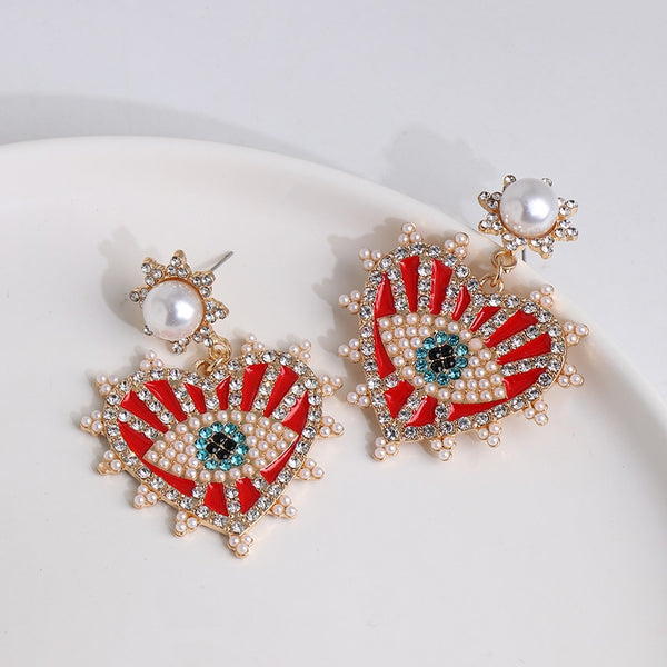 New Cute Retro Love Heart Rhinestone Evil Eye Pearl Crystal Earrings