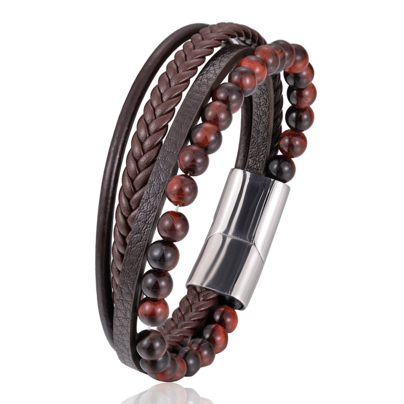 Bead Leather Tiger Eye Bracelet Men