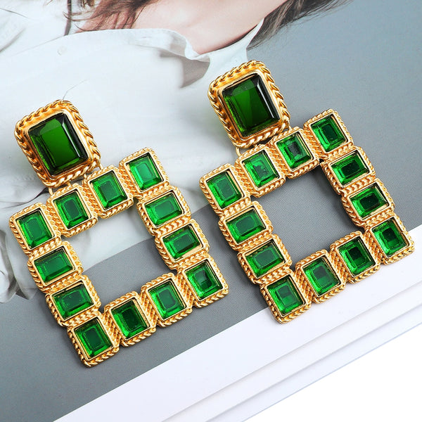 Green Sparkly Crystal Dangle Statement Earrings