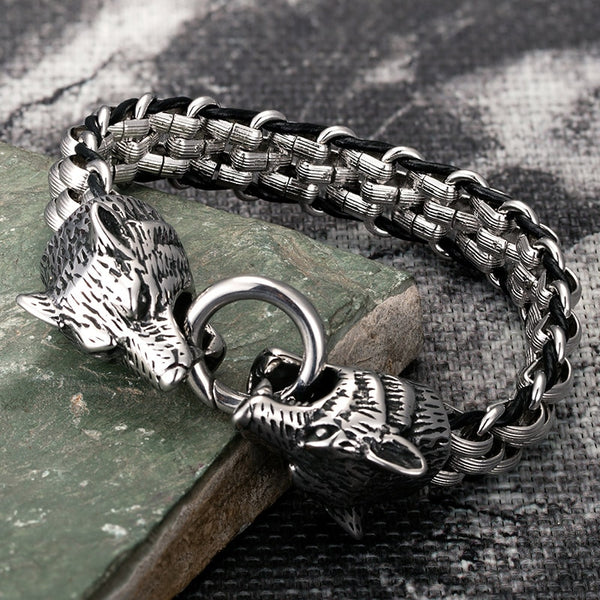 Wolf Head Bracelets Men's Stainless Steel Chain Charm Leather Punk Biker Jewelry