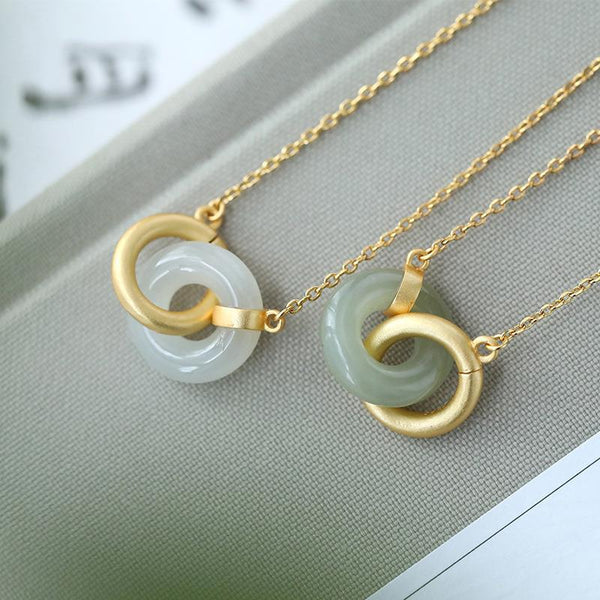 Original Design Natural Hetian White Jade Double Round Interlocking Necklace Pendant