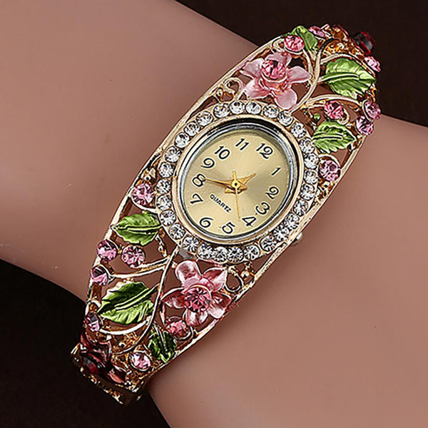 Vintage Faux Crystal Alloy Pretty Floral Pattern Bracelet Watch