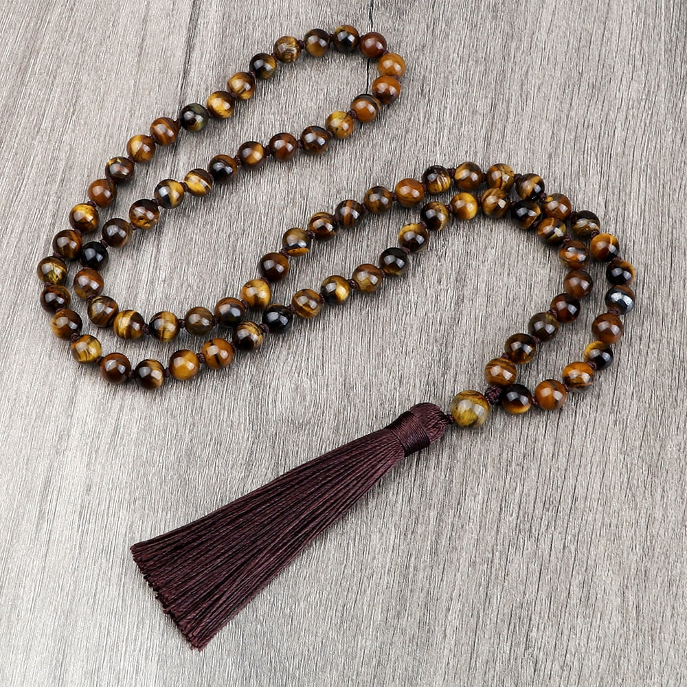 Trendy Men Beads Necklaces 8mm Natural Tiger Eye Stone Knotted Tibetan Buddhist Mala Necklaces