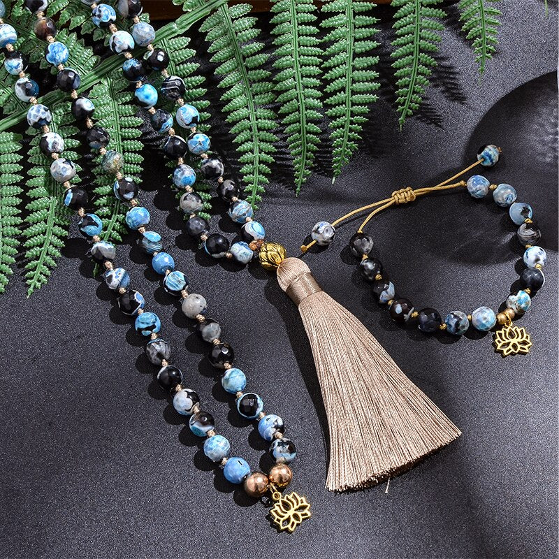 8mm Fire Agate Beaded Mala Necklace Meditation Yoga Blessing Spirit Jewelry Set