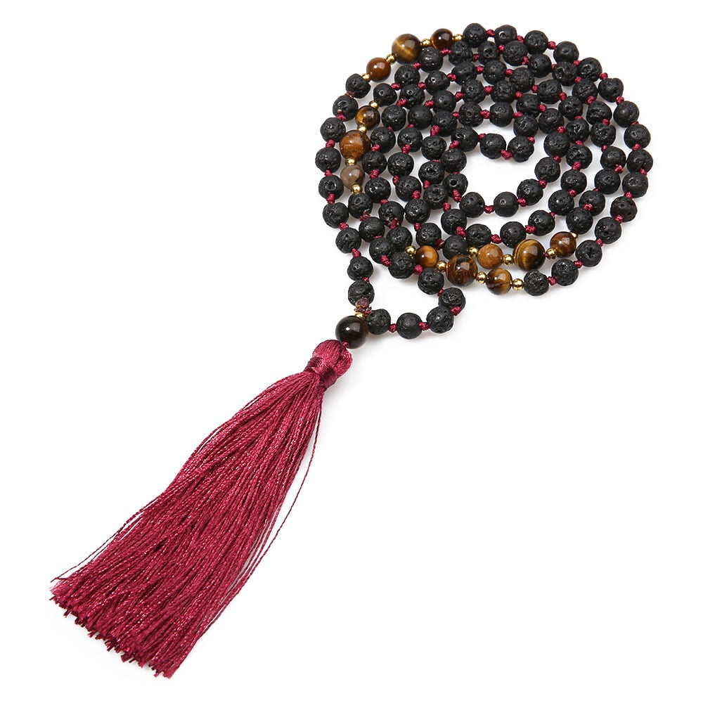 108 Mala Beads 6mm Volcanic Stone Knotted Meditation Semi-Precious Jewelry Men and Women