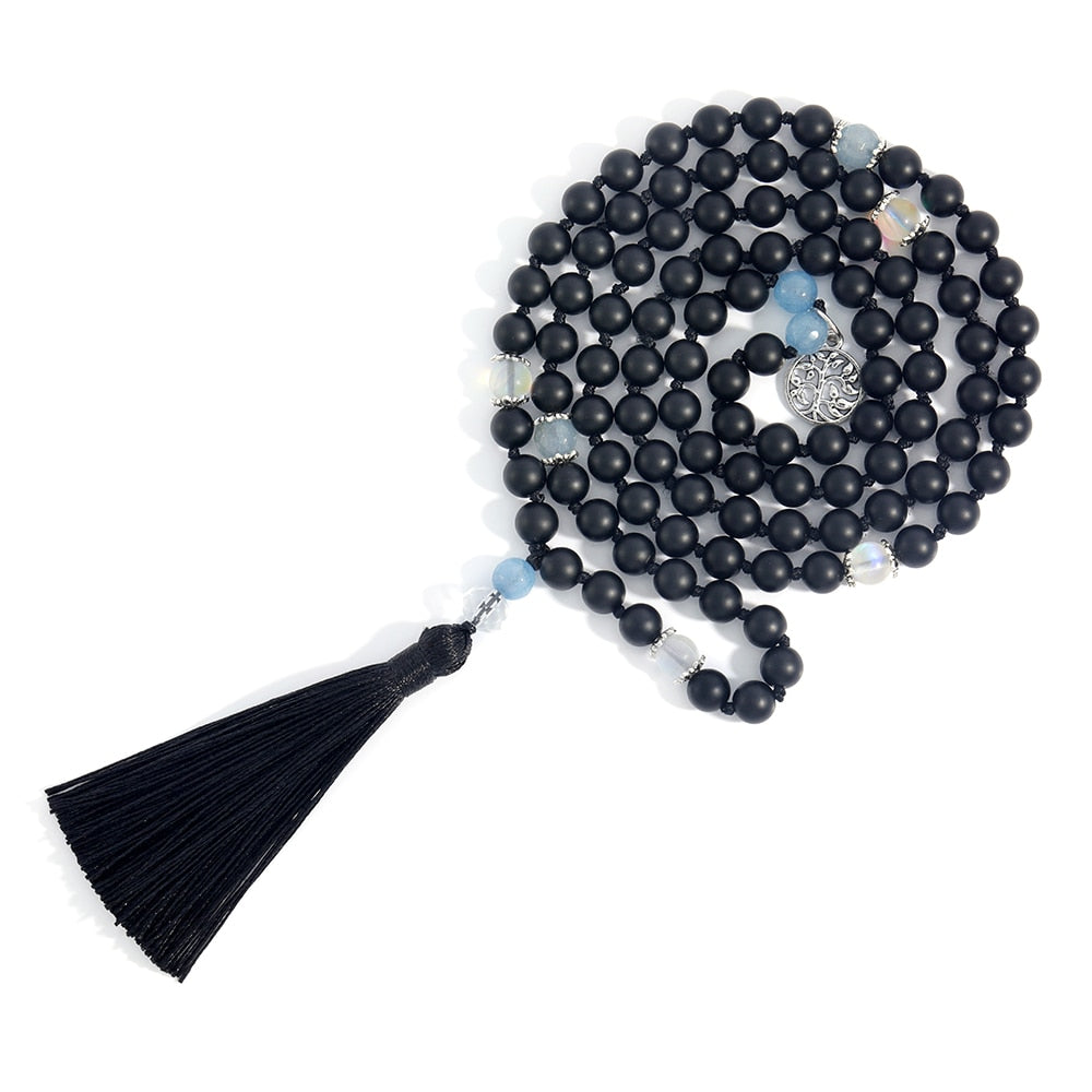 Matte Black Onyx Moonstone Knotted Beads 108 Mala Fashion Menand Women Necklace