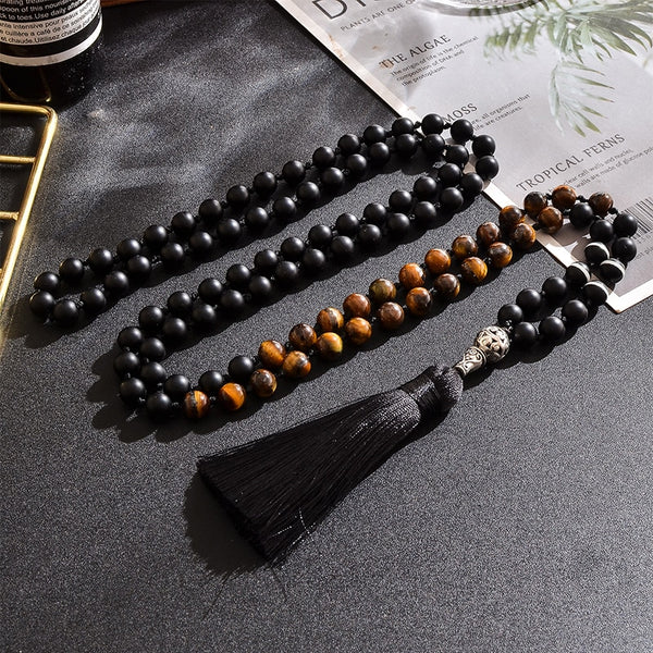 108 Beads Japa Mala 8mm Yellow Tiger Eye Matte Black Onyx Knotted Necklace