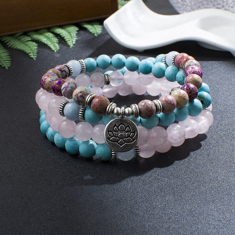 8mm Emperor Jasper Blue Turquoise Rose Quartz Beaded Elastic Bracelet