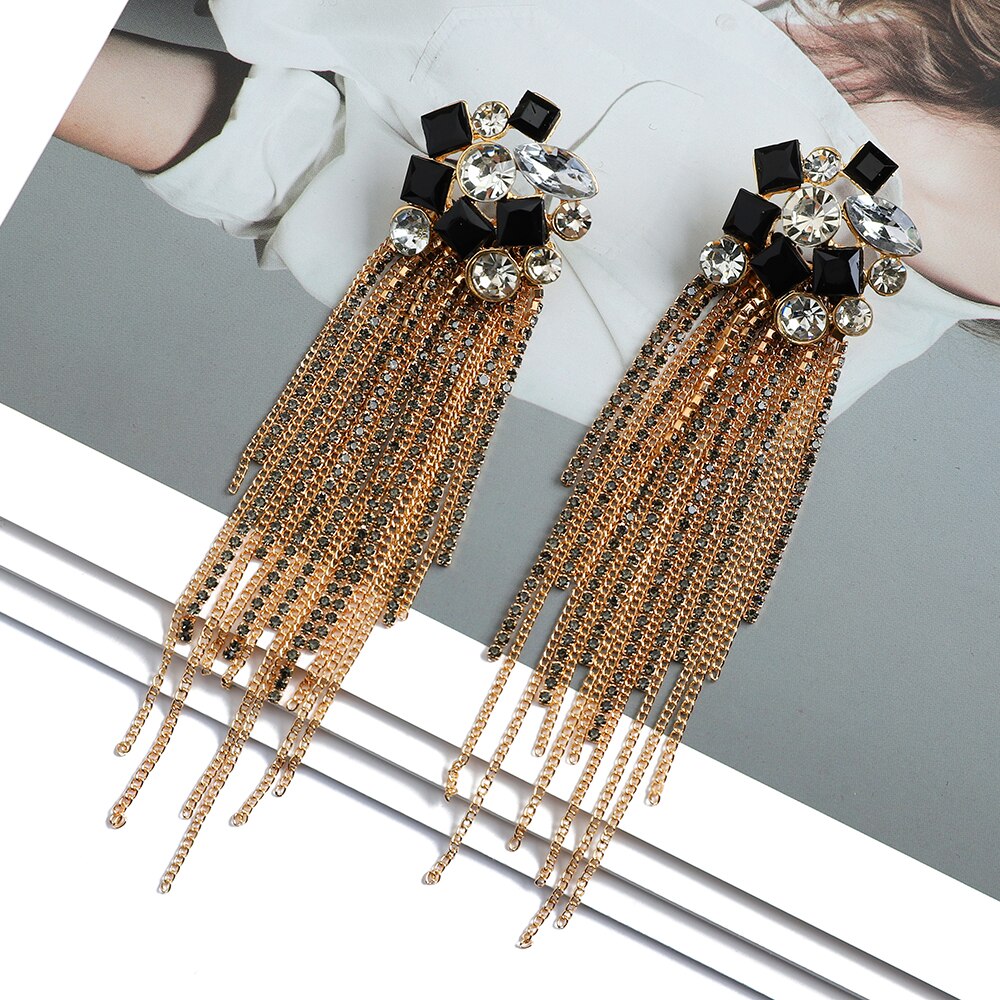 Fashion Metal Chain Inlay Colorful Rhinestone Tassel Dangle Earrings For Women