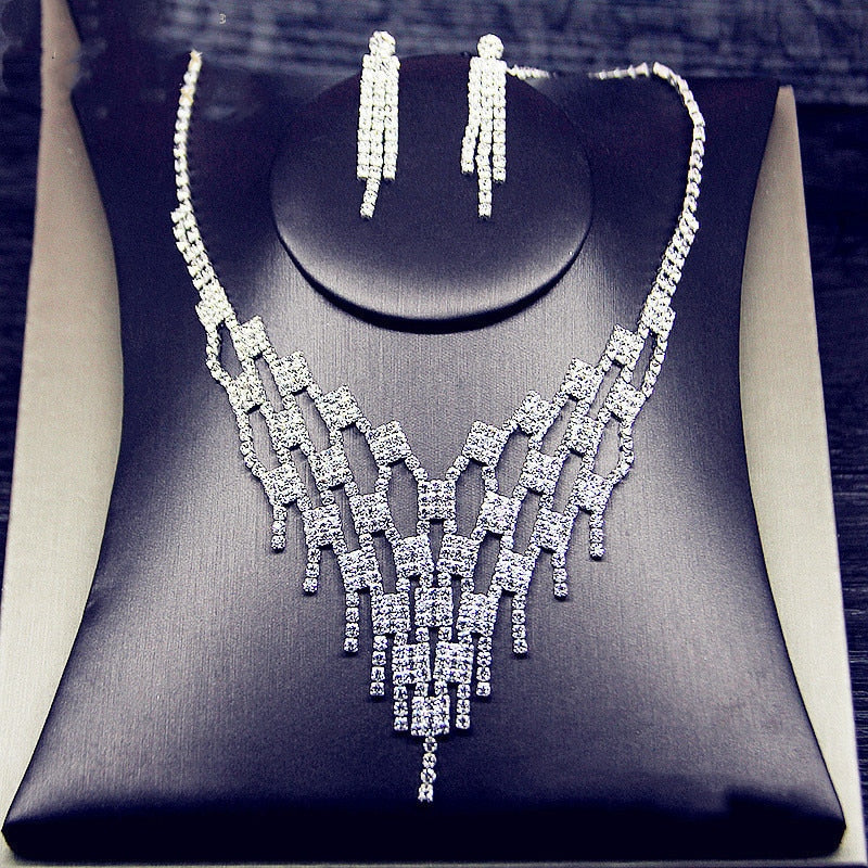 Shine Geometric Rhinestone Necklace Earrings For Women Long Tassel Jewelry Sets