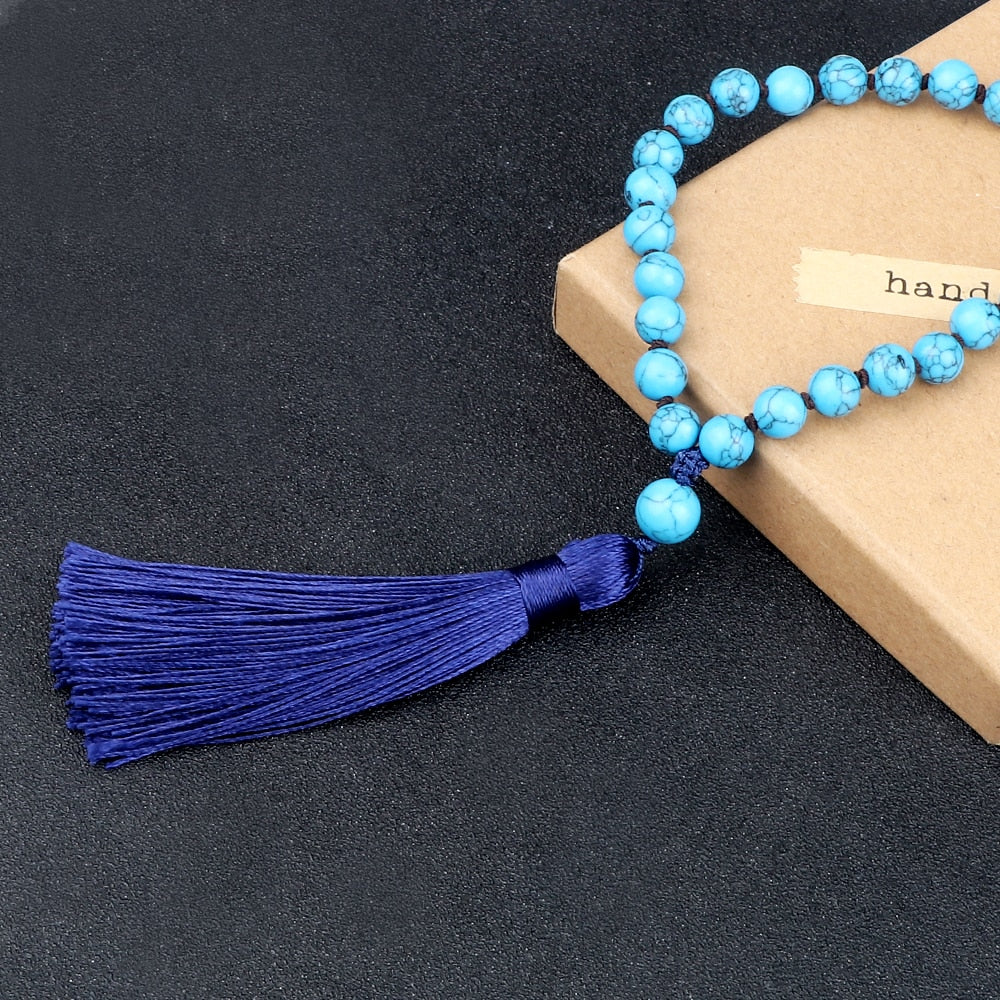 108 Mala Beads Necklace Women Natural Blue Pine Stone Beaded Knotted Tassel Pendant Long Necklace