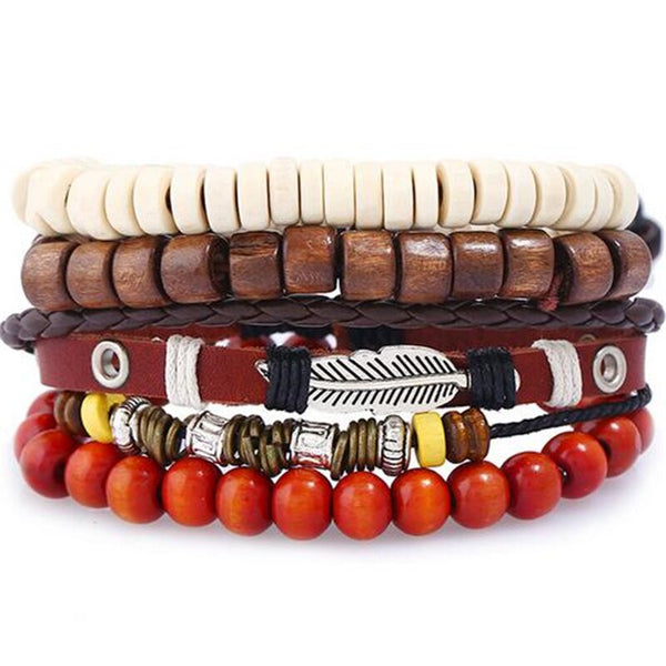 Vintage Men Leather Bracelet Wood Stone Beads Charm Multilayer Braided Men Bracelet