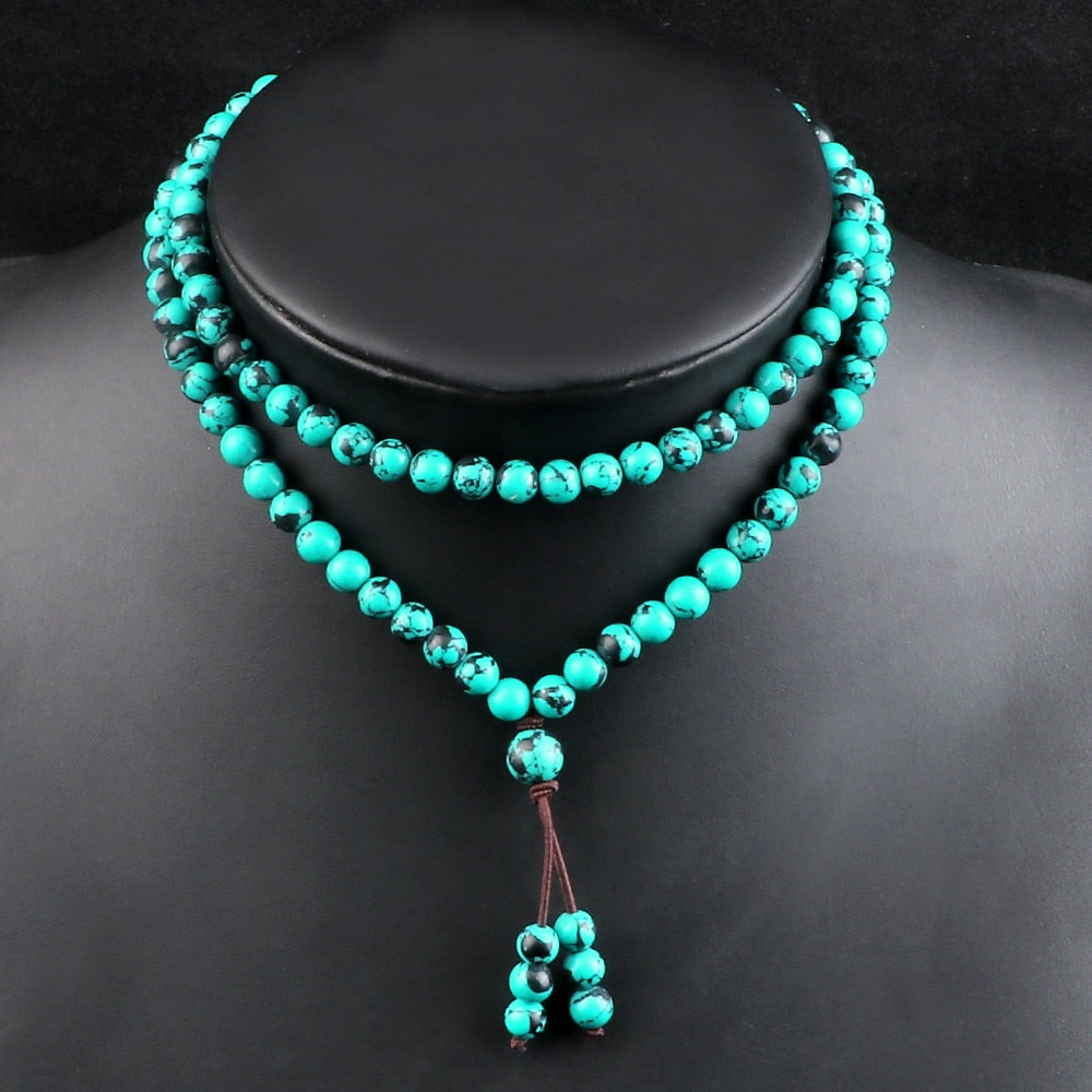 6mm Natural Stone Blue Pine Stone Beaded Necklaces Charm Women Men