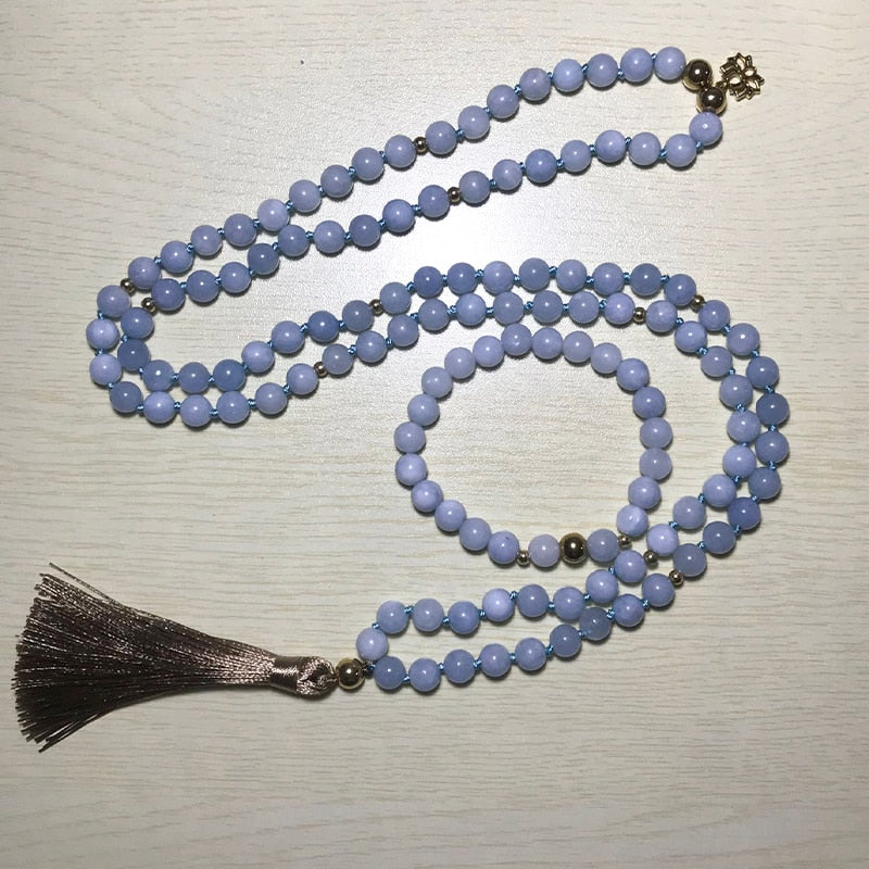 8mm Aquamarine Beaded Knotted Necklace 108Japamala Meditation Yoga Healing Blessing Jewelry Set