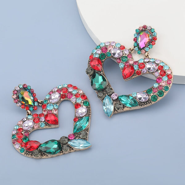 Fashion Simple Metal Rhinestone Heart-shaped Earrings Women