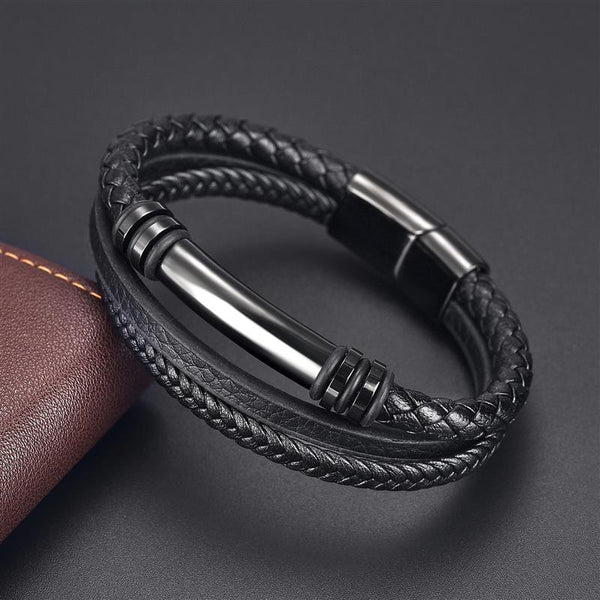 Multilayer Leather Stainless Steel Men Bracelet with Magnetic Clasp Black Braided Bracelets