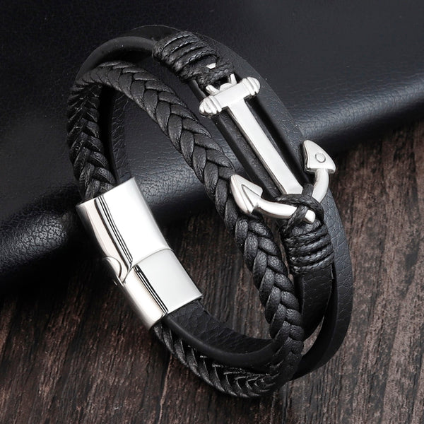 Punk Stainless Steel Anchor Bracelets Genuine Leather Bracelet