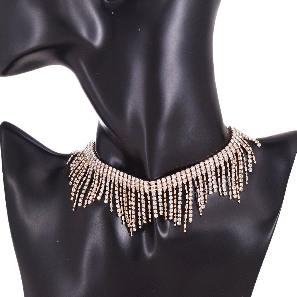 Exquisite Rose gold Tassel Choker Crystal Rhinestone glass necklace for women