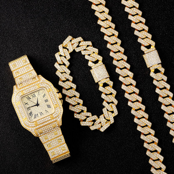 24inch Hip Hop 16MM KIT Heavy Watch+Prong Cuban Necklace+Bracelet