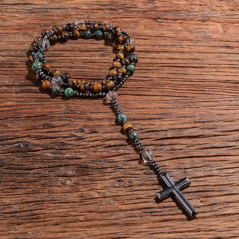 Natural Yellow Tiger Eye African Turquoise Beads Catholic Christian Cross Pendant Necklace