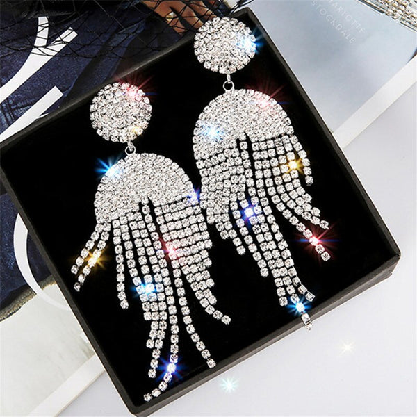 Long Tassel Crystal Drop Earrings for Women Round Geometric Full Rhinestone Earrings