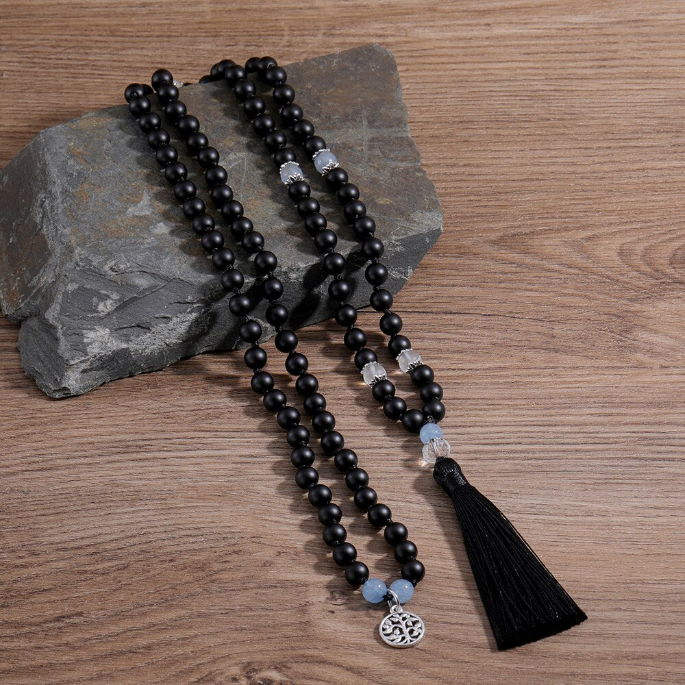 Matte Black Onyx Moonstone Knotted Beads 108 Mala Fashion Menand Women Necklace