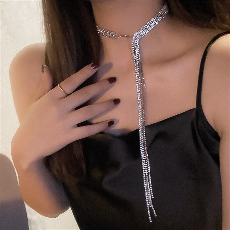 Shine Full Rhinestones Choker Necklaces for Women Long Tassel Crystal Necklaces