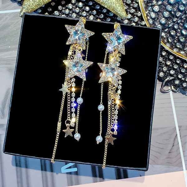 Korean Style Star Drop Earrings for Women New Bijoux Long Tassel Shiny Blue Crystal Dangle Earrings