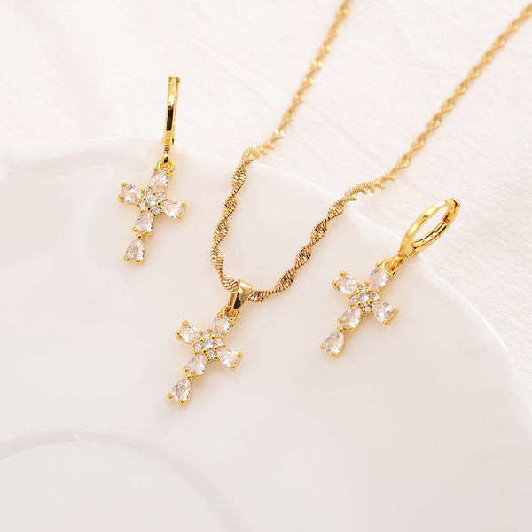 24k gold cz cross crystal Pendant Necklace chain Earrings sets
 Best Jesus Gifts