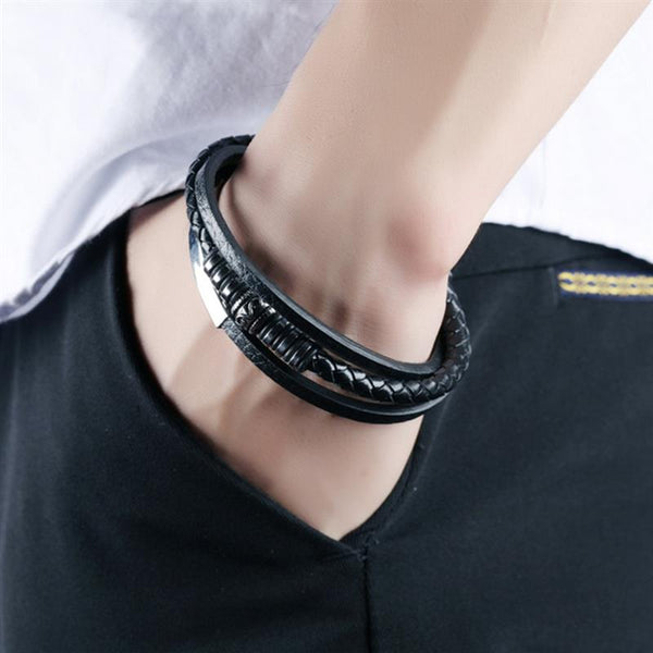 Trendy Multi-layer Leather Stainless Steel Luxury Men Leather Bracelet