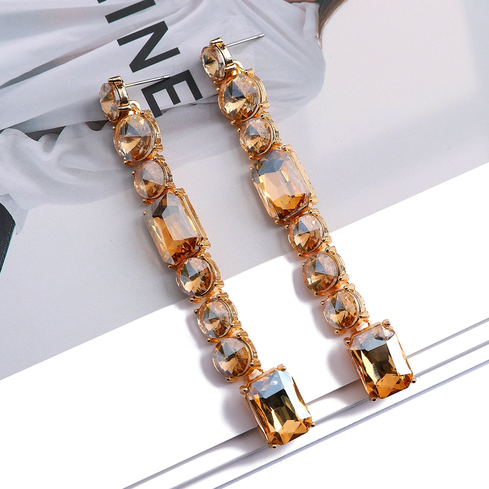 Colorful Geometric Crystal Glass Long Dangle Earrings For Women