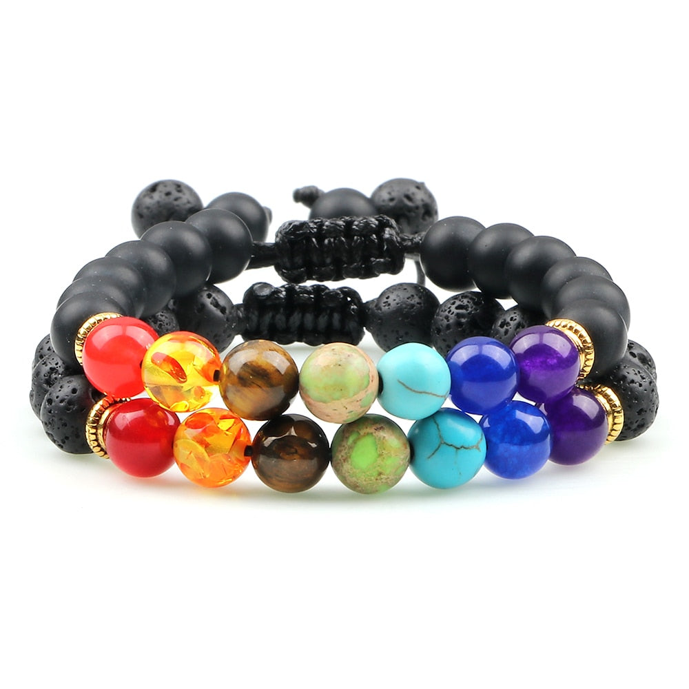 2pcs/set 7 Chakra Black Lava Beads Bracelets Natural Stone Yoga Adjustable Braided Bangle