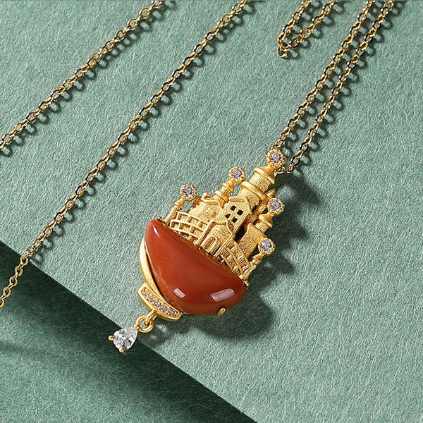 Silver Natural South Red Jasper Castle Pendant Necklace