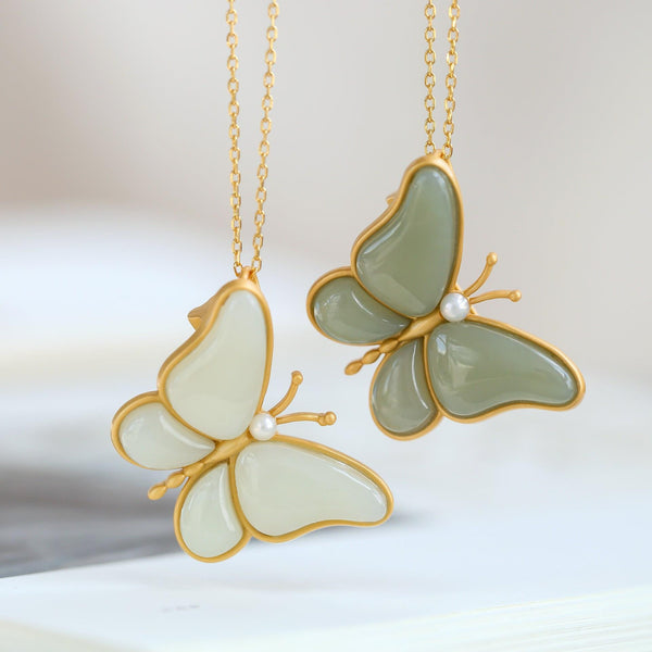 New original natural and jasper butterfly Necklace dual-use Chinese retro light luxury charm women