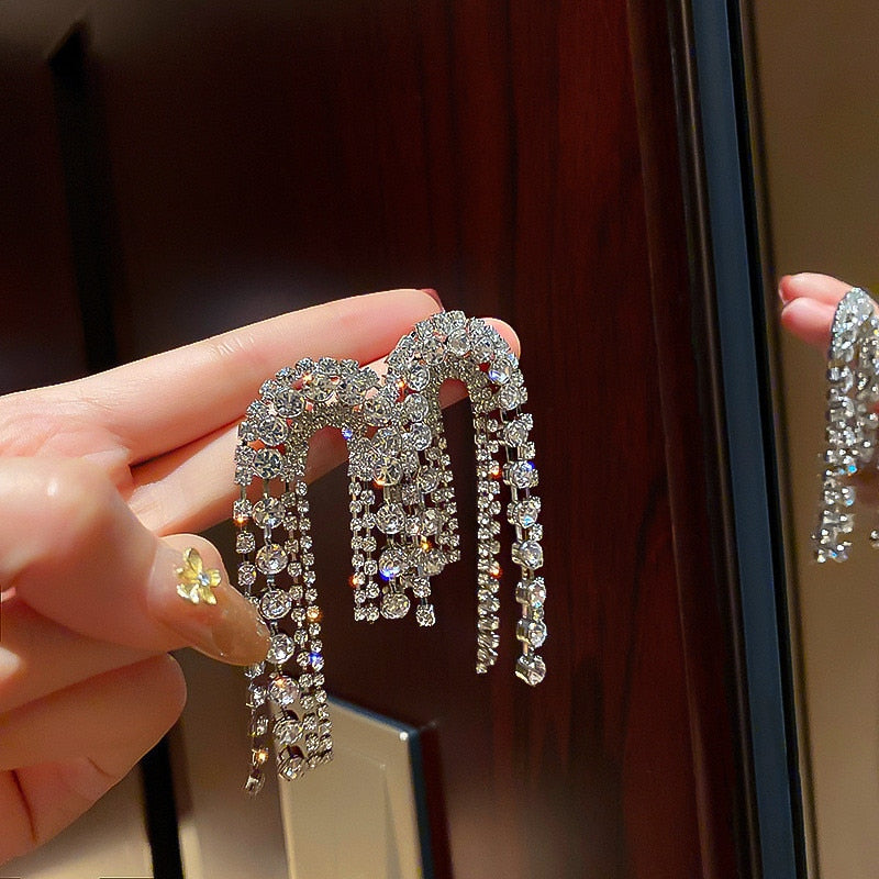 Long Tassel Crystal Drop Earrings for Women Geometric Asymmetry Rhinestone Earrings