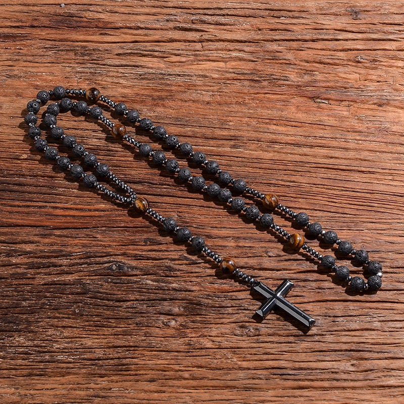 Black Lava Stone Yellow Tiger Eye Beaded Catholic Christ Cross Necklace