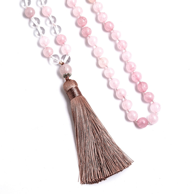 8mm Rose Quartz and Clear Crystal Beads Knotted Mala Necklace