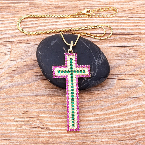 Fashion Pink / White Color Cross Crystal Pendant Chain Necklace