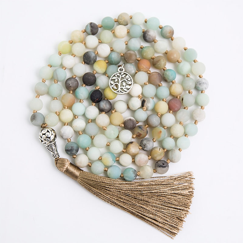 8mm Matte Amazonite Stone Beaded Knotted Necklace 108 Japa Mala Meditation Yoga Tibetan Pendent