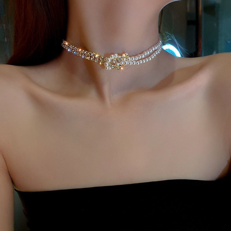 Korean Style Pearl Crystal Choker Necklaces for Women