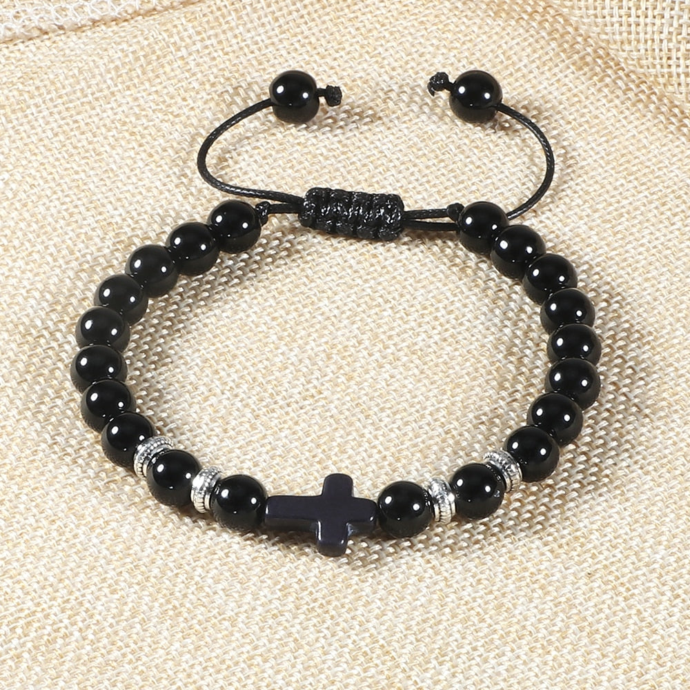 Hot Men Energy Bracelets Natural Tiger Eye Stone Black Lava Cross Beads Bracelet