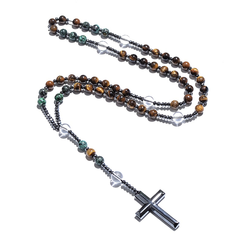 Natural Yellow Tiger Eye African Turquoise Beads Catholic Christian Cross Pendant Necklace