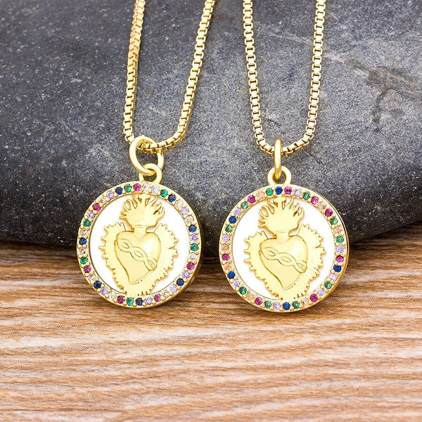 Classic Sacred Heart of Jesus Copper Zircon Colorful Necklace