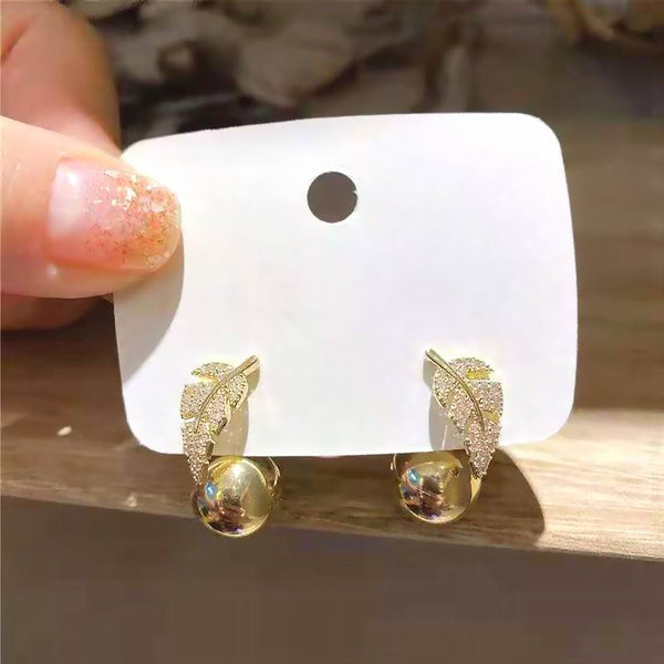 Micro Pave Golden Leaf Ball Stud Earrings For Women