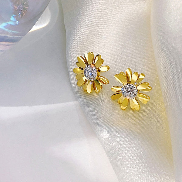 Fashion Upscale Jewelry Zircon Daisy Sun Flowe Stainless Steel Gold Earringsr Women